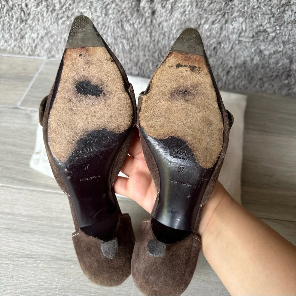 Prada 2002 Spring Brown Suede Pointed Buckle Kitten Heels - Picture 7 of 7